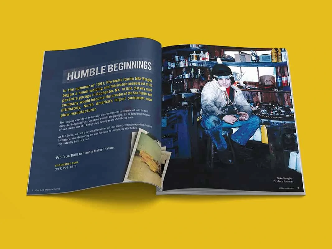 image from Pro-tech website with an open book/magazine with yellow background