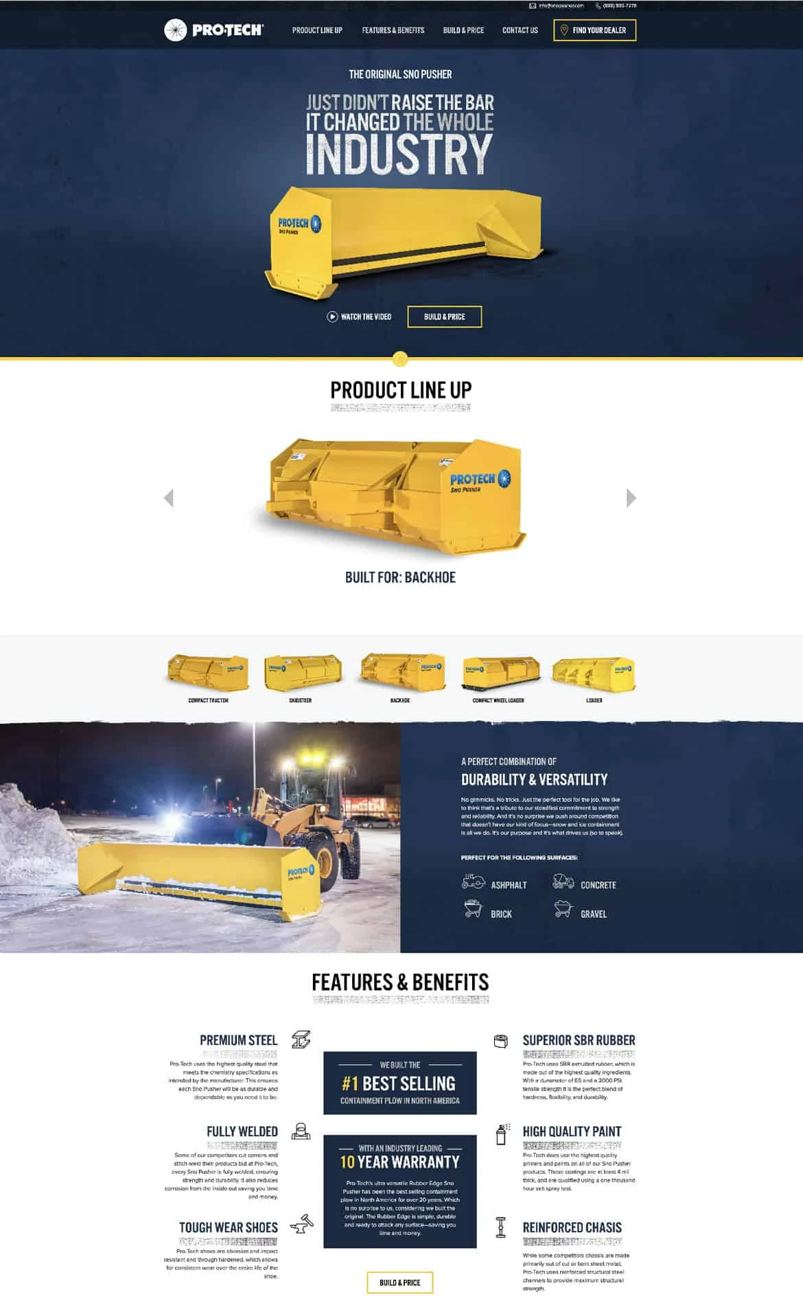 Screenshot of Pro-tech's website showing snow plow and snow plow features