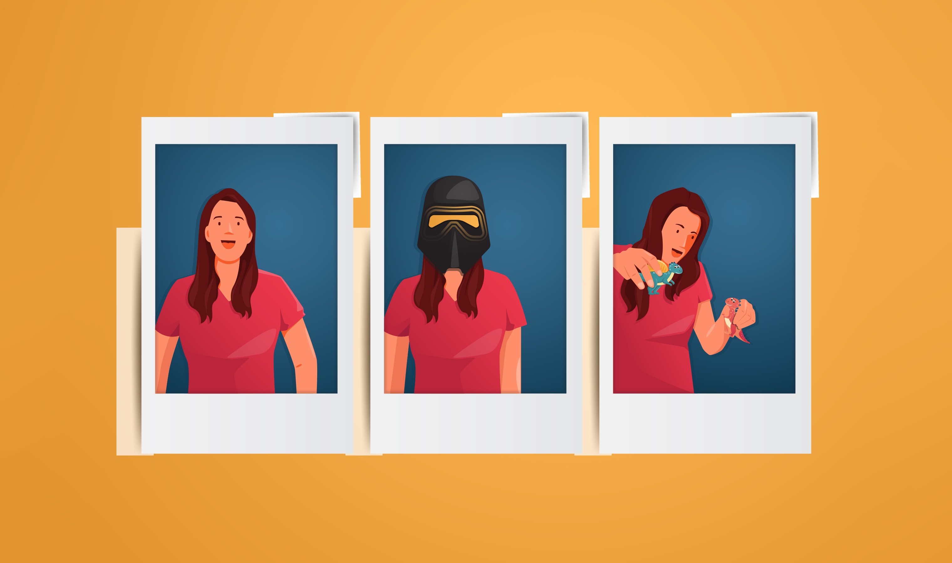 illustration of three polaroid pictures, each with Kate Coleman. The first is her smiling, the second she is wearing a black mask, and the third she is playing with toy dinosaurs
