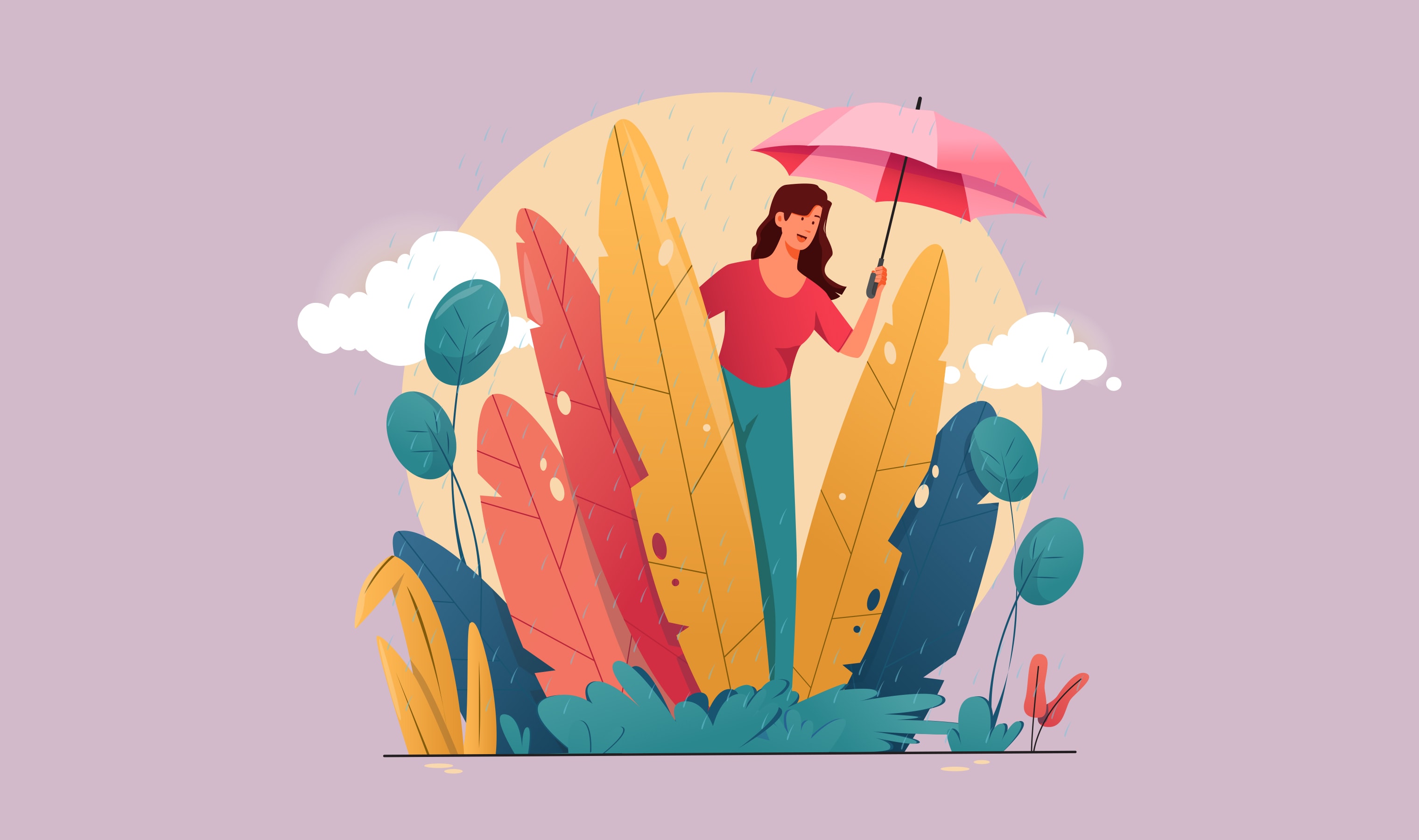 illustration of a woman peering out from behind some tall leaves while holding an umbrella. It is raining.