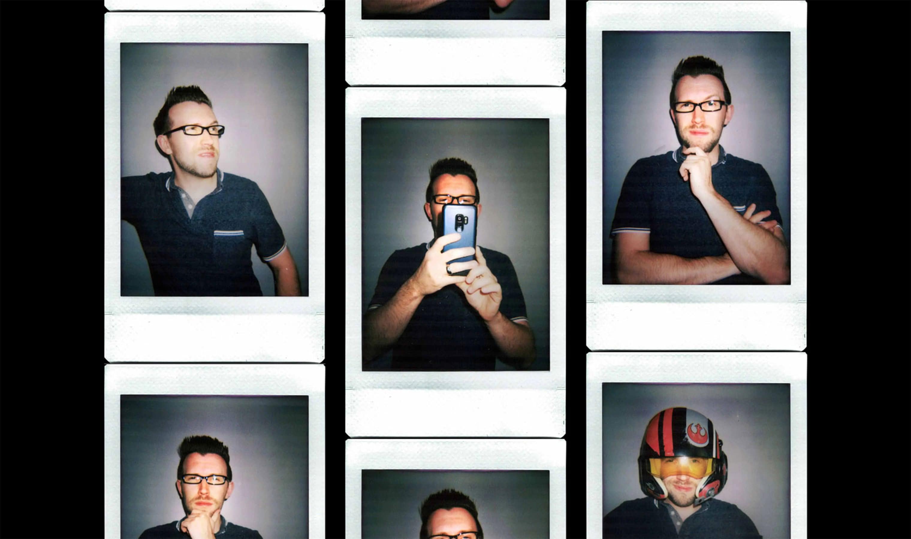 various polaroid pictures of Kevin. Some in contemplative mode, one with a helmet on and one holding his phone