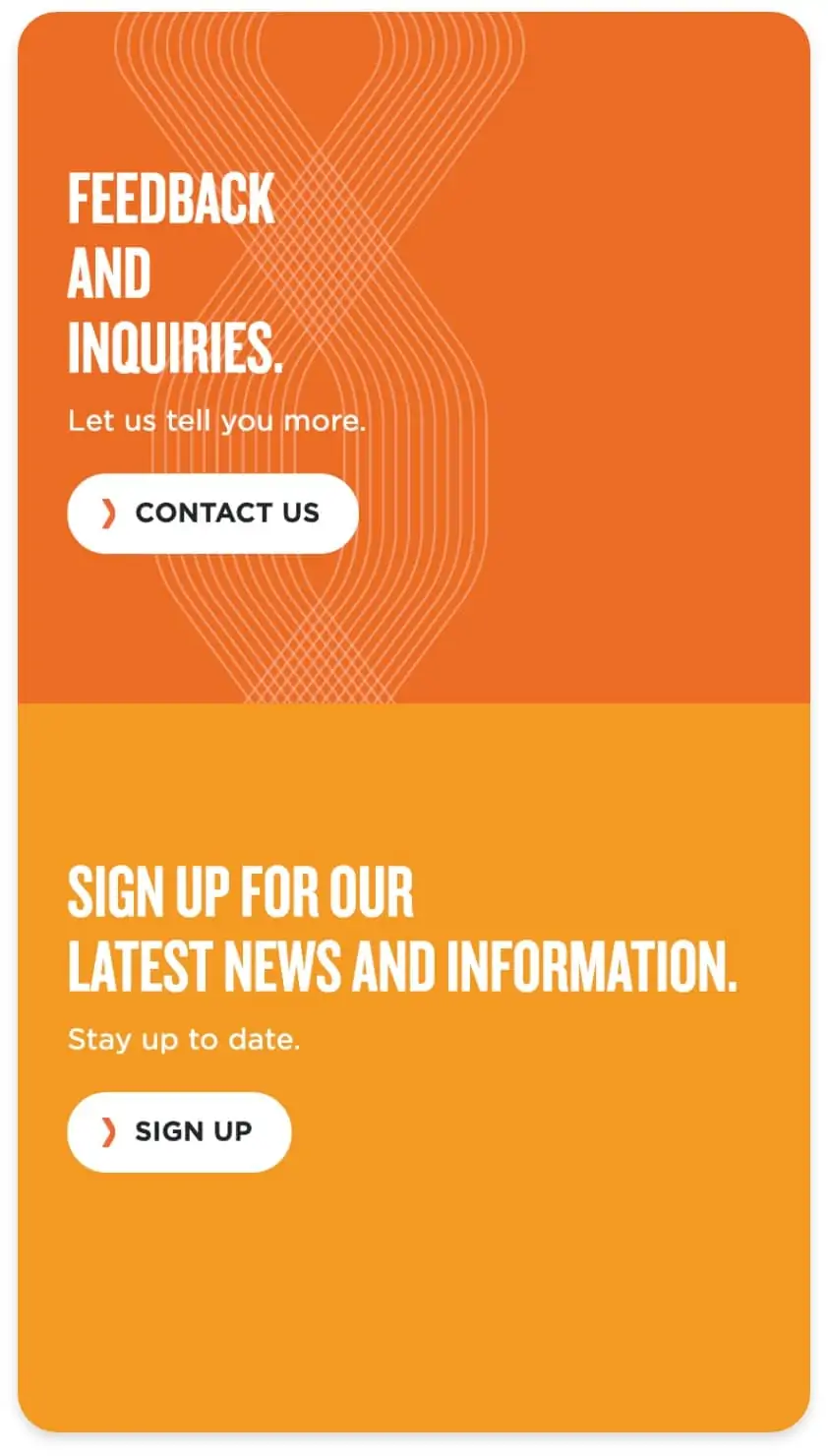 shot of the reflexion website, mobile version. orange background with two sections with buttons that read "contact us" and "sign up"