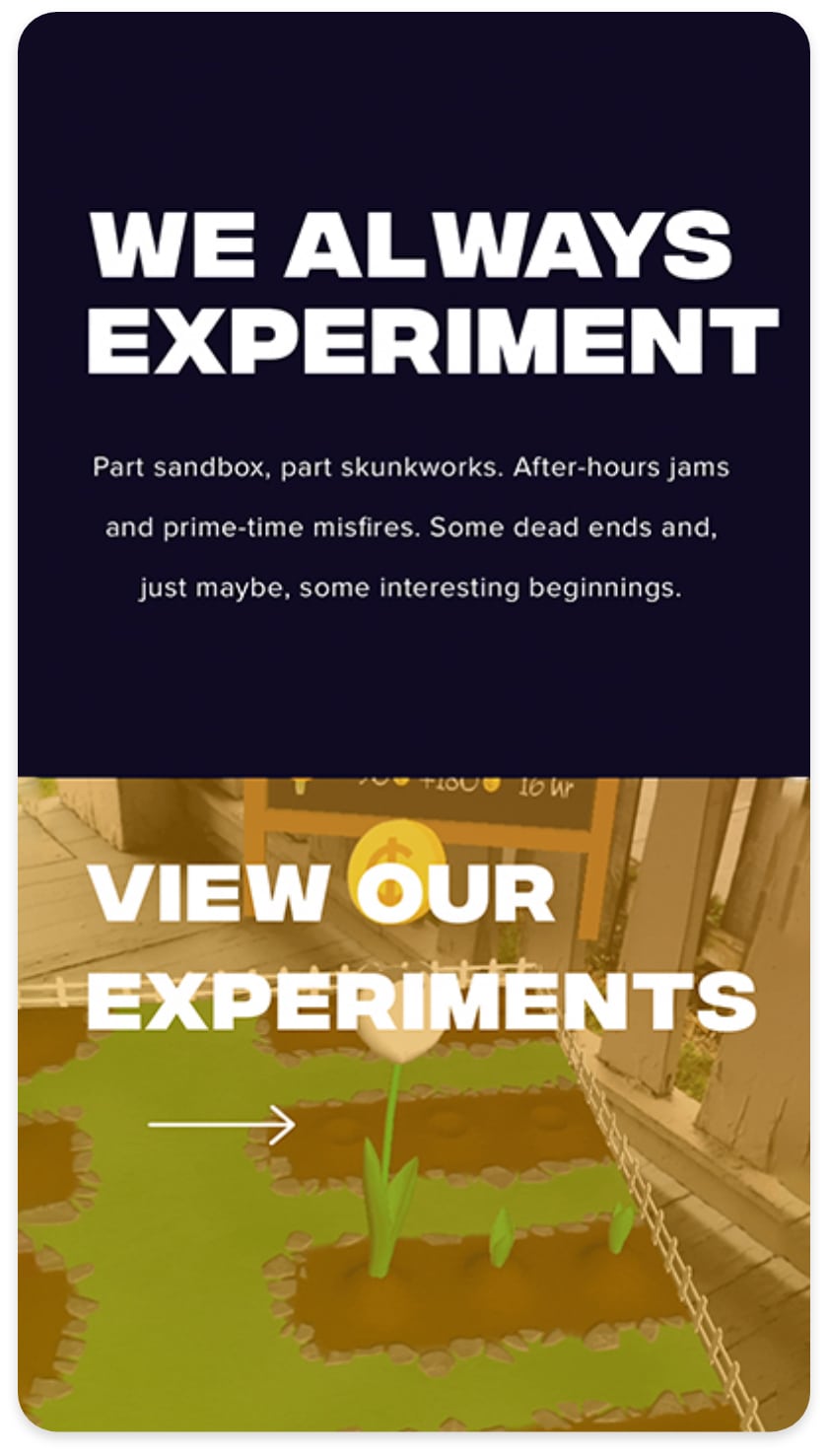 a mobile shot of the osxr website speaking to experiments with a link that reads "view our experiments"