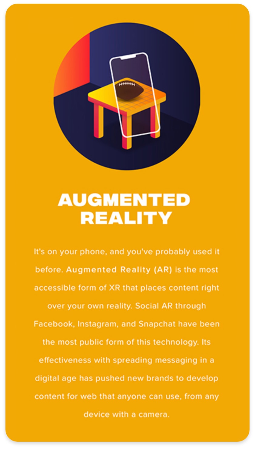 shot of a mobile view of the osxr website showing an image of a small table with a football on it and a mobile devices over it. Main text reads "augmented reality"