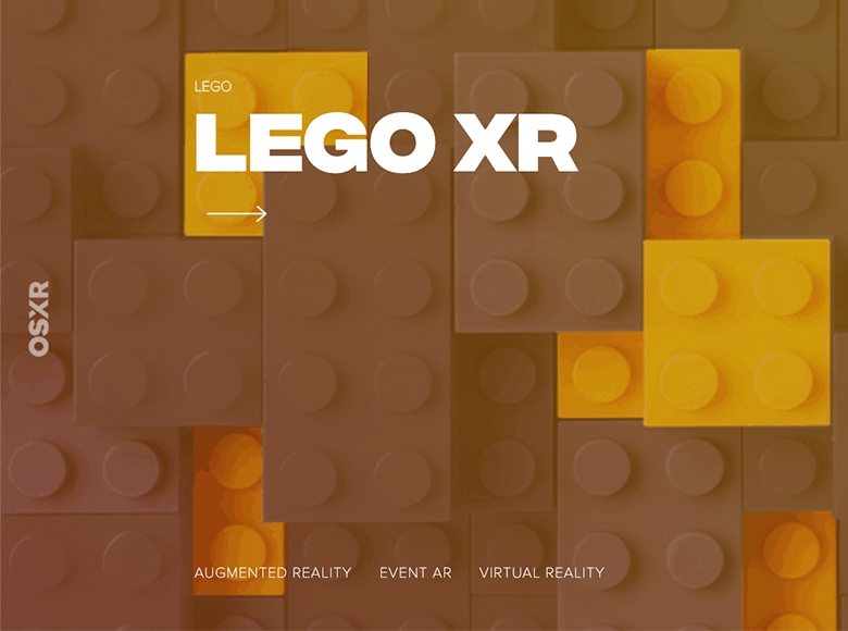 shot of a webpage with legos in the background and white text that reads "lego xr"