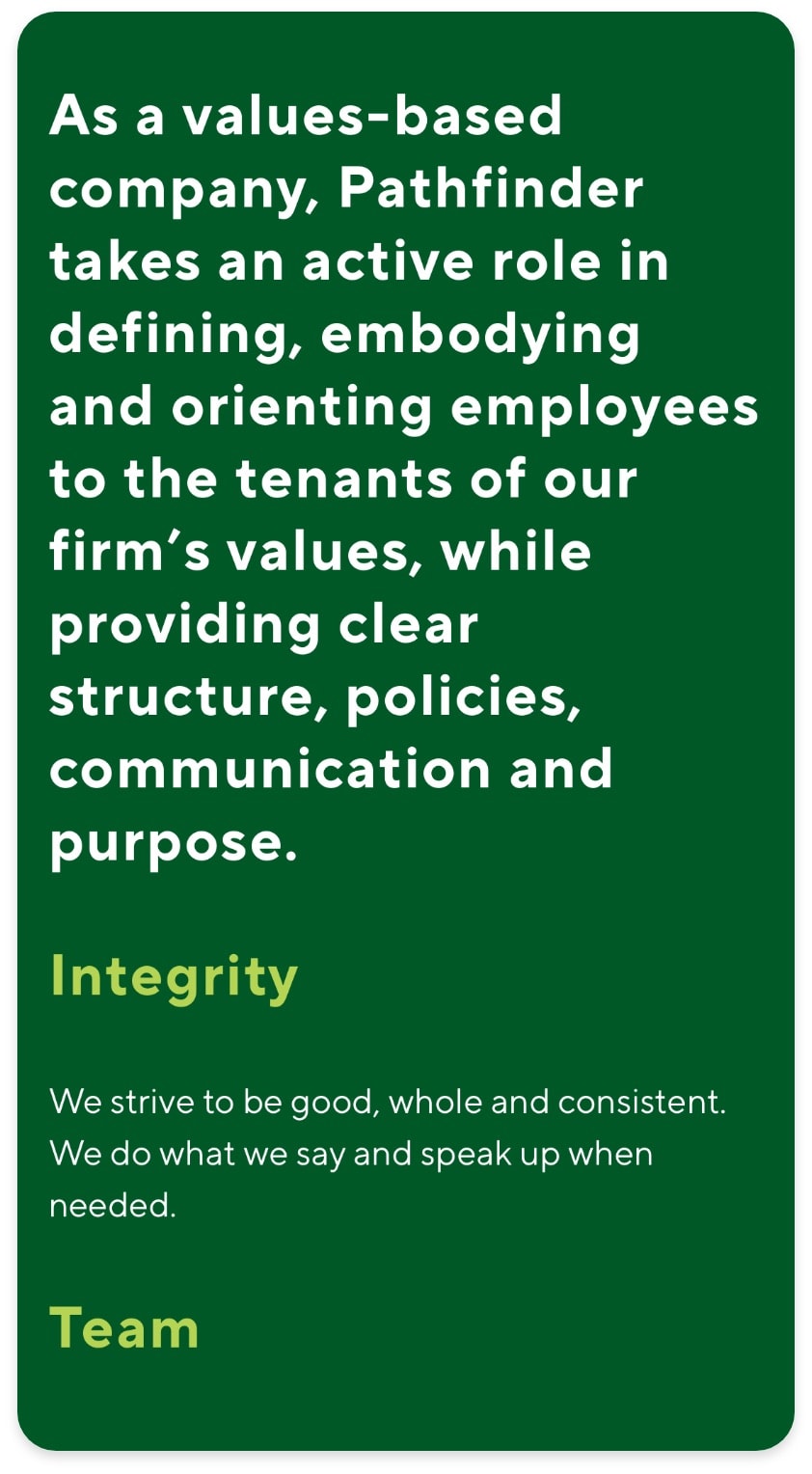 shot of the pathfinder website with a green background and white text that speaks to the company values and team details