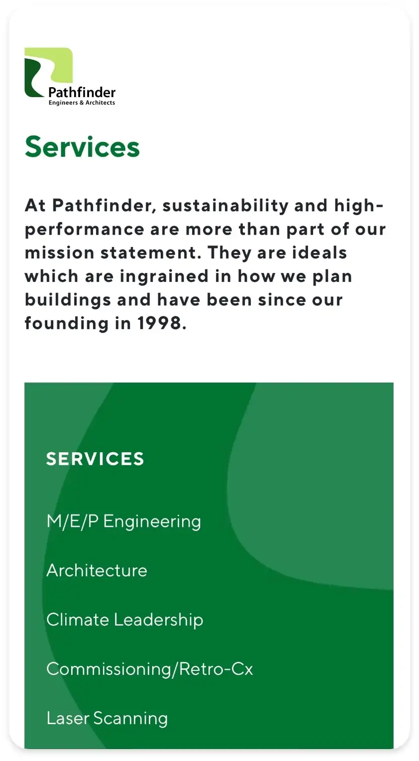 Mobile screenshot of Pathfinder services page