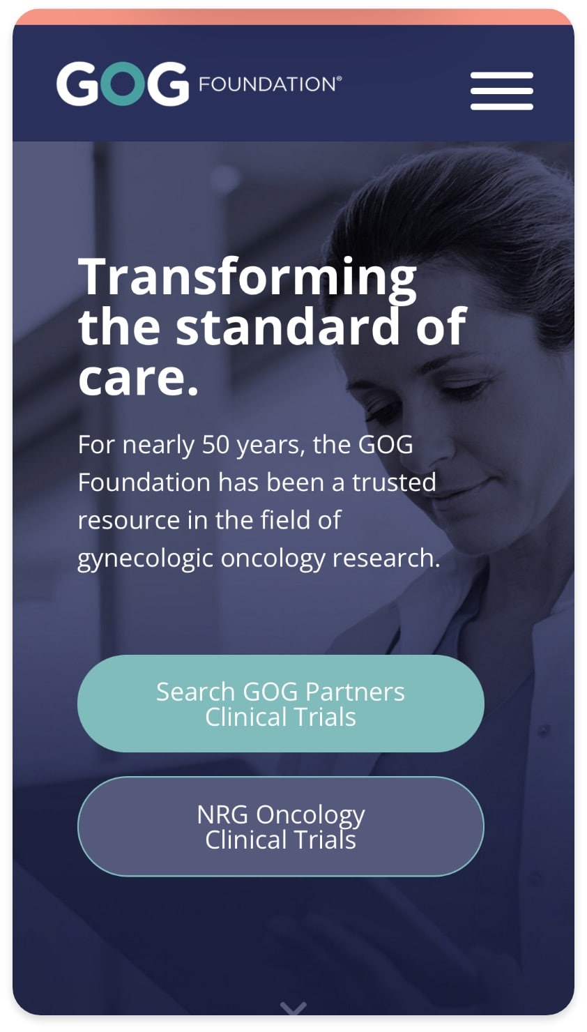 mobile shot of the gog foundation webpage with headliner text and some buttons