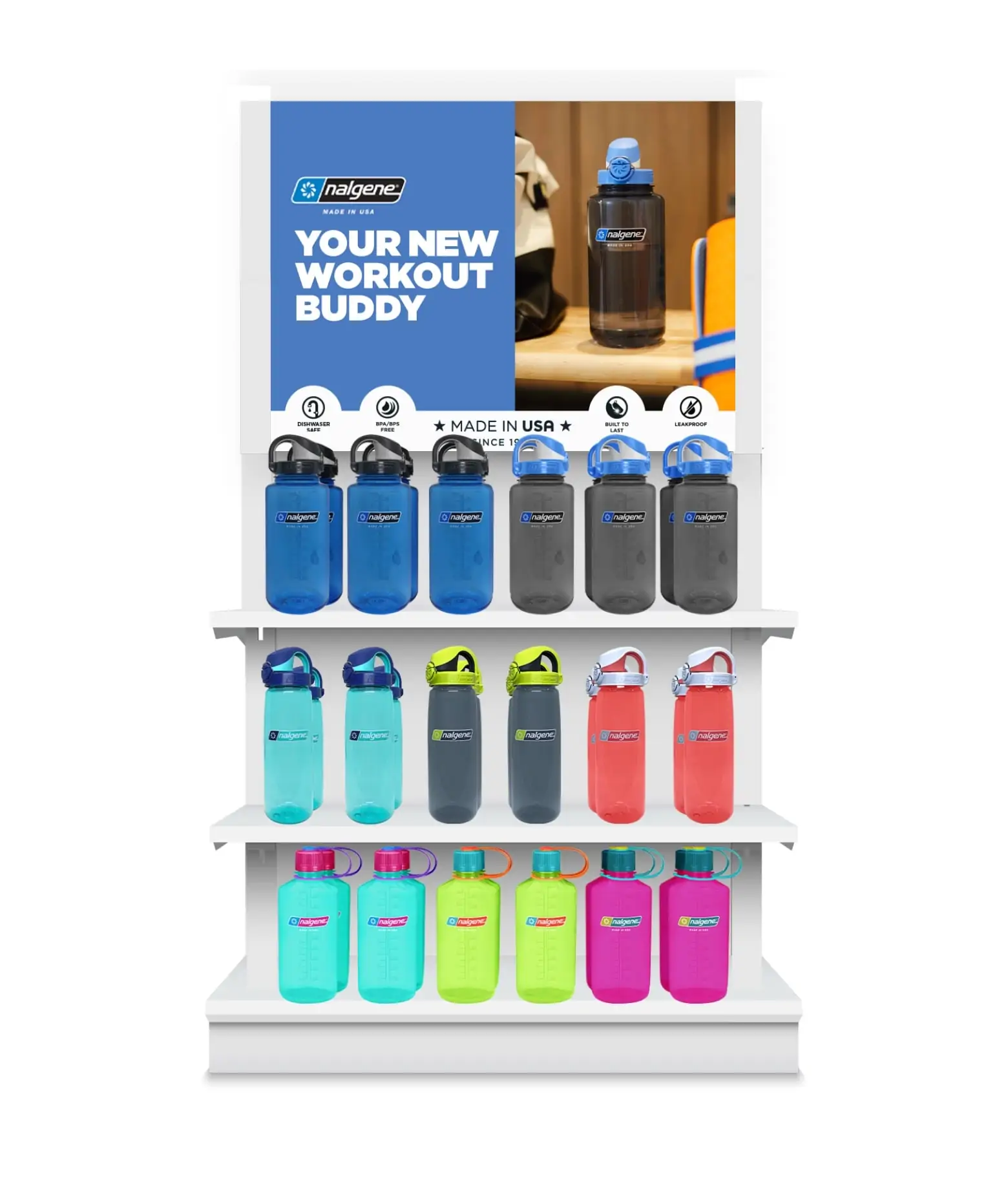 image of a nalgene water bottle display "Your new Workout buddy" with 3 rows of various nalgene water bottles