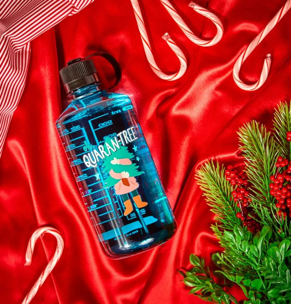 Nalgene water bottle surrounded by candy canes and a Christmas tree limb 