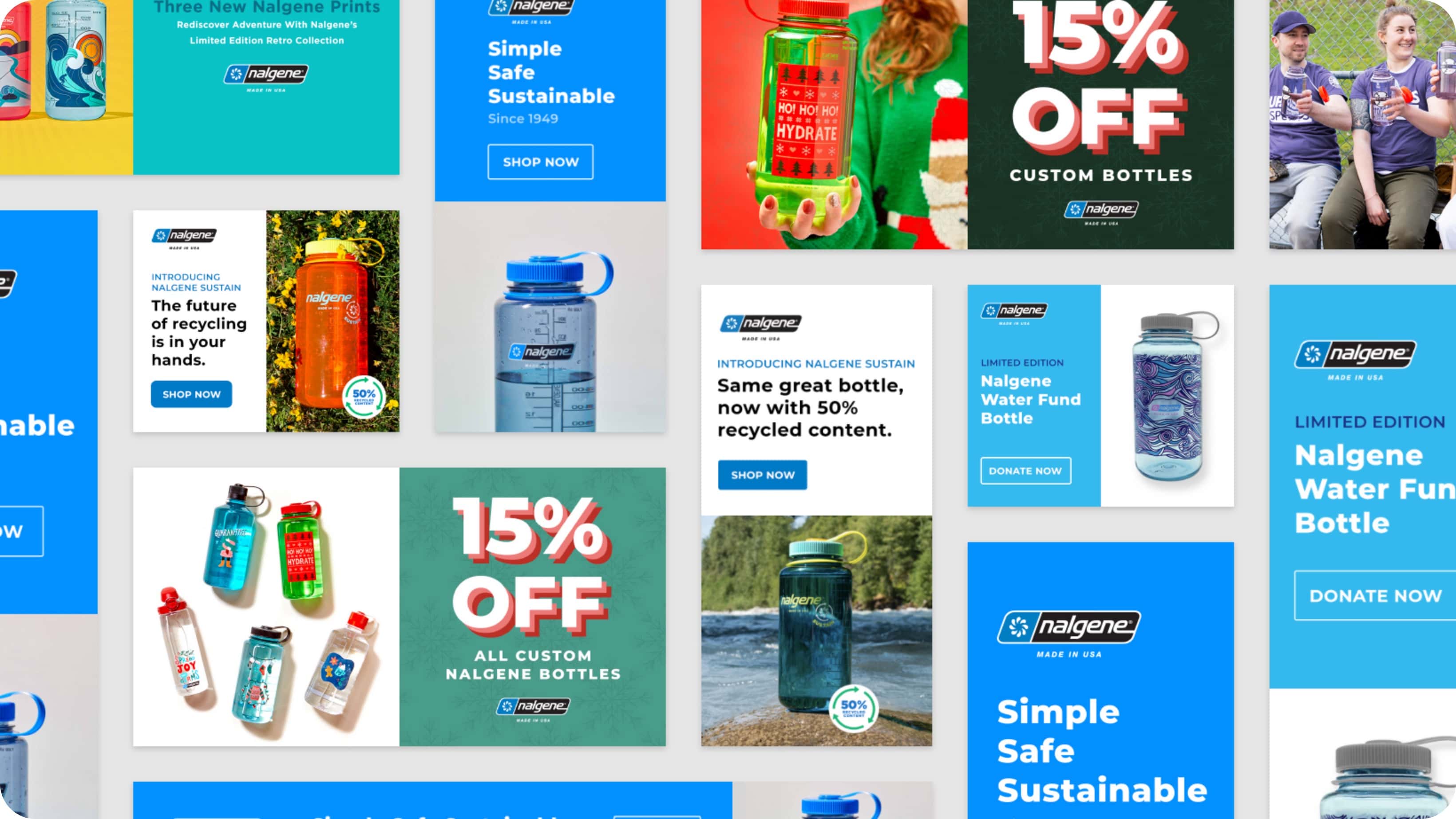 image from Nalgene's website with various pictures of water bottles and promos for 15% off custom bottles. Various marketing images.