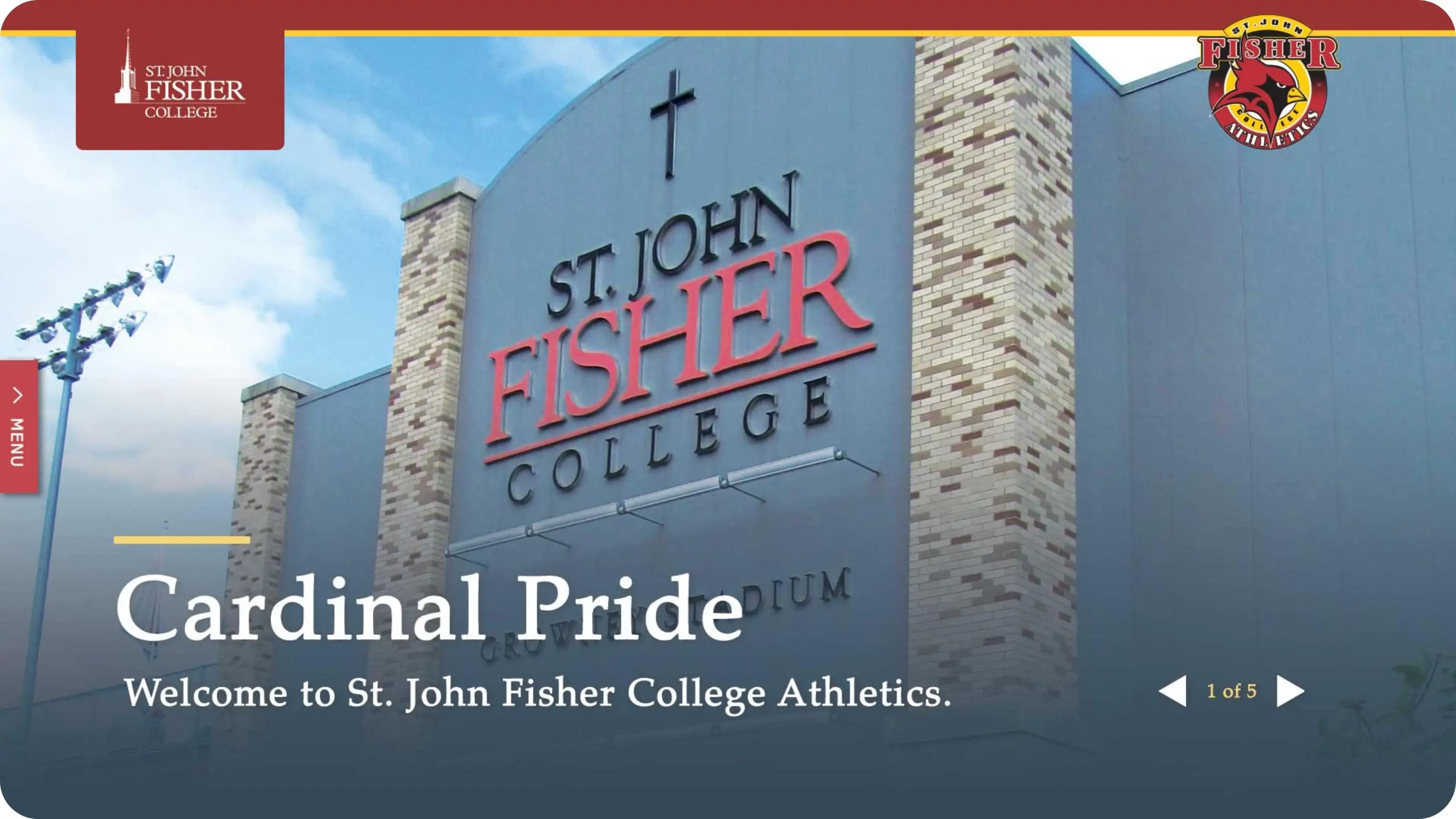 shot of the st. john fisher college home page. there is a background image of the college stadium and text that reads "cardinal pride. welcome to st. john fisher college athletics"