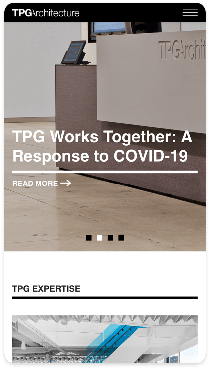 image of tpg architecture site with a grey dotted line around the border and an image with white text and a link that says "read more"