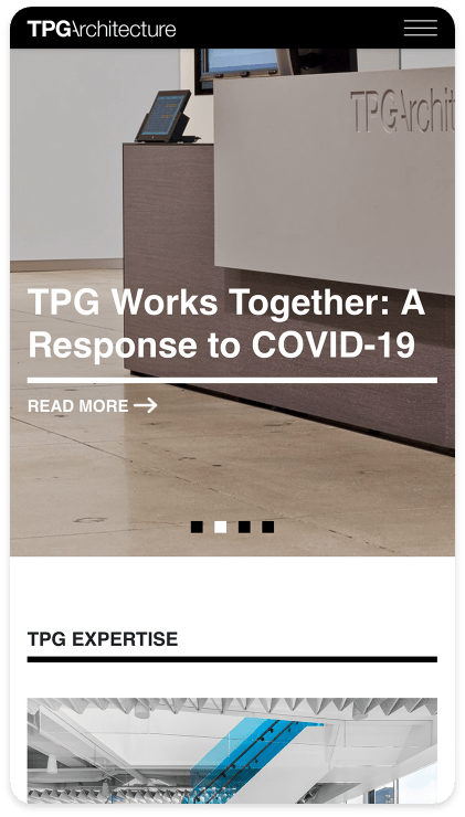 image of tpg architecture site with a grey dotted line around the border and an image with white text and a link that says "read more"
