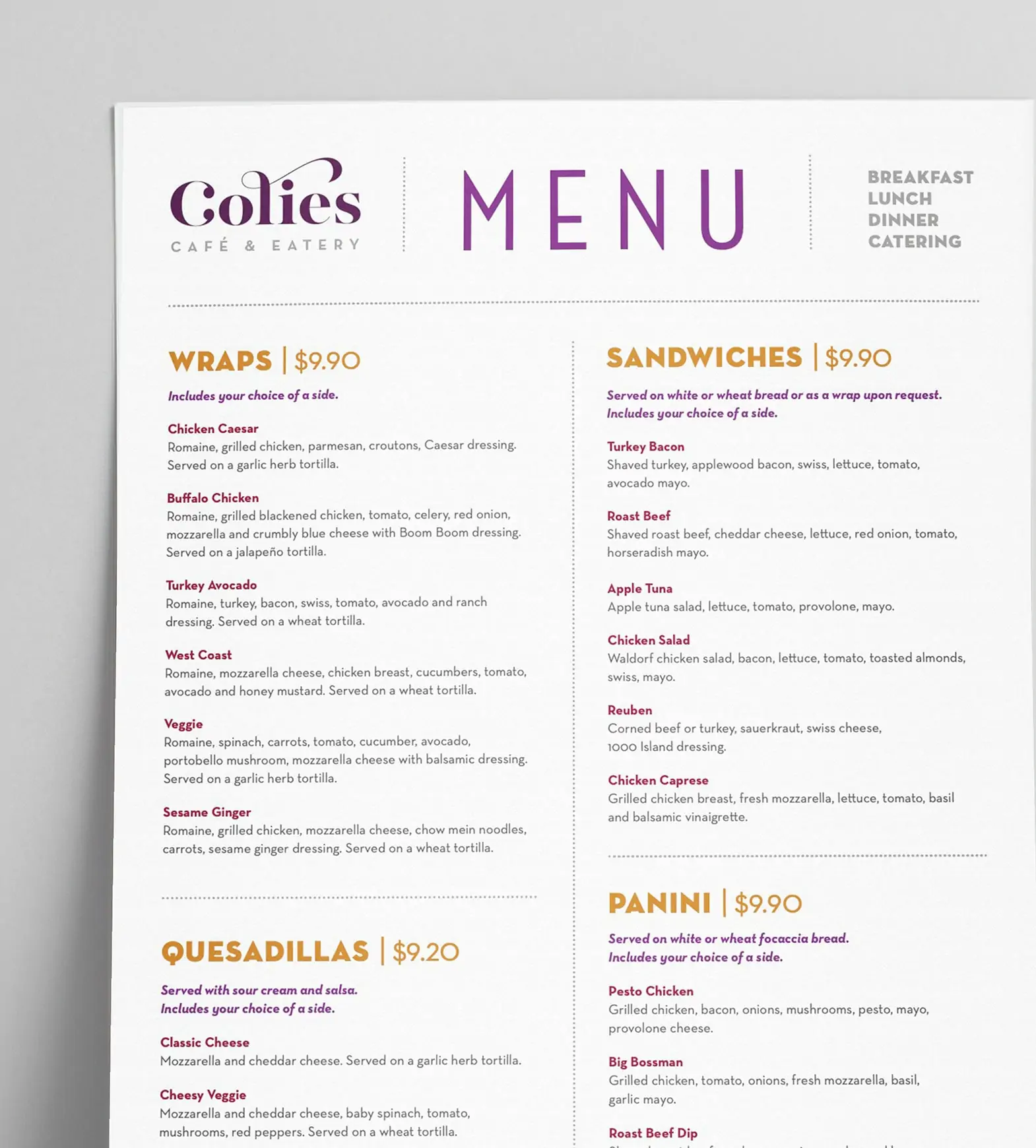 a menu for colie's cafe 