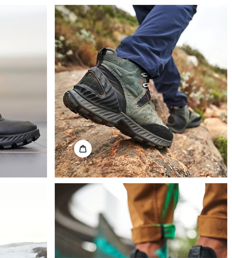 shot of ecco website showing an image of someone walking, focused in on their shoes