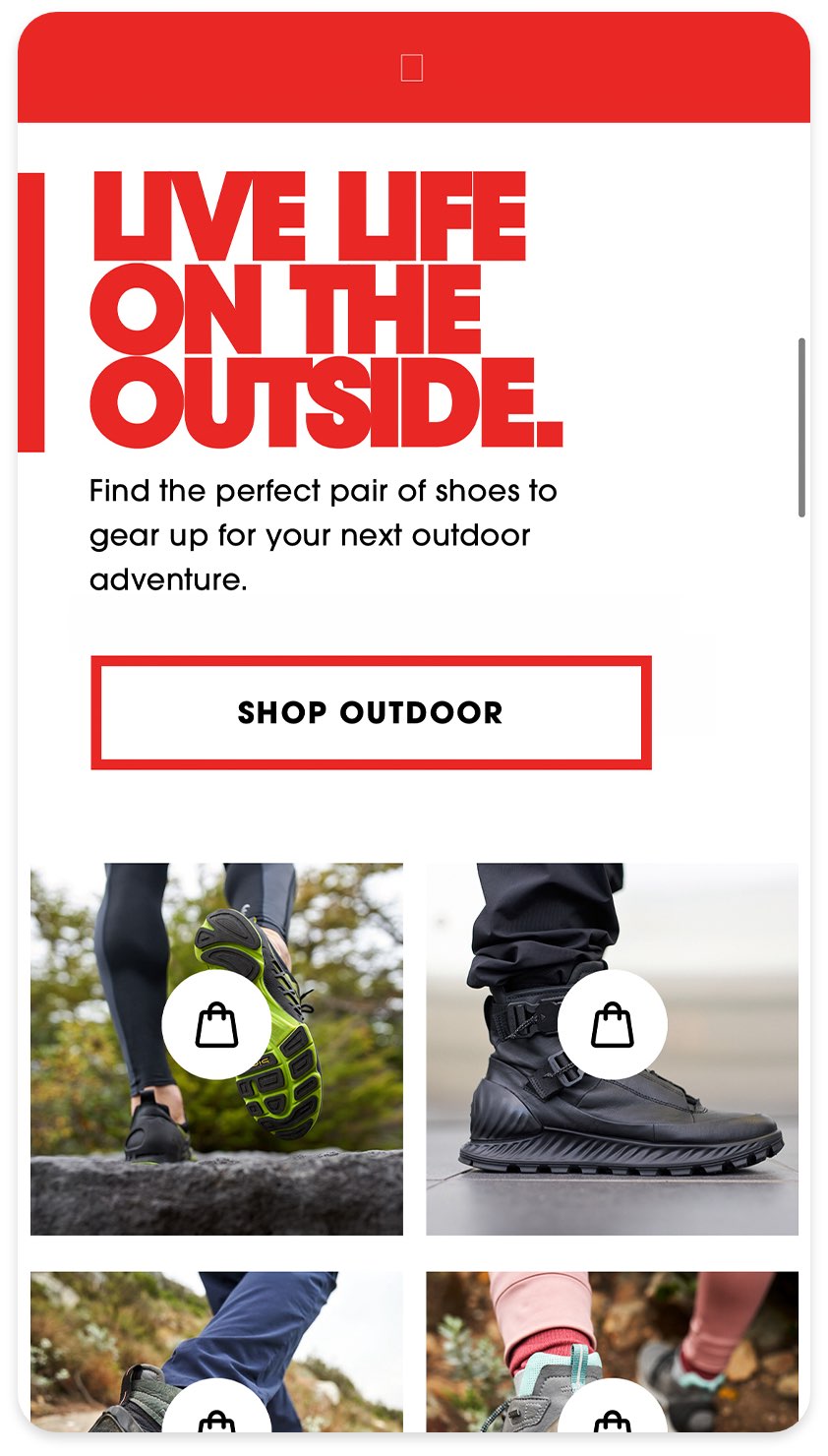 shot from the ecco website, mobile version with red text that reads "live life on the outside" and a button that reads "shop outdoor". There are various images of shoes below that.