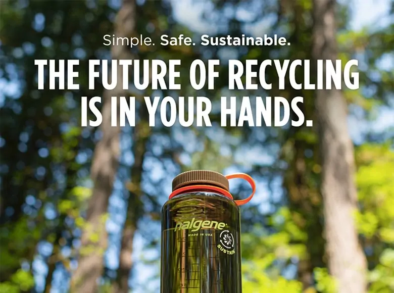 imge from nalgene website, water bottle sitting in a forest with text "the future of recycling is in your hands"