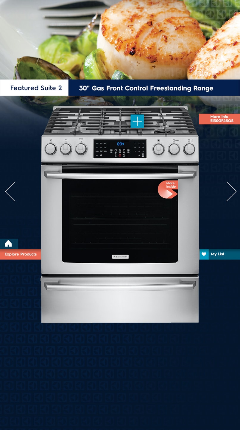 shot of the electrolux website that shows an image of an oven and a plated meal above it. there is text that reads "featured suite 2. 30" gas front control freestanding range"
