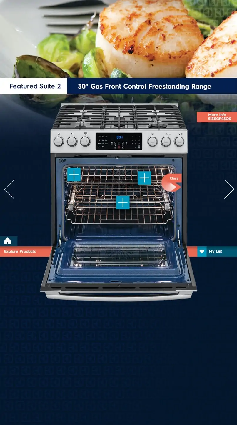 Gas oven with blue interior and modern dials