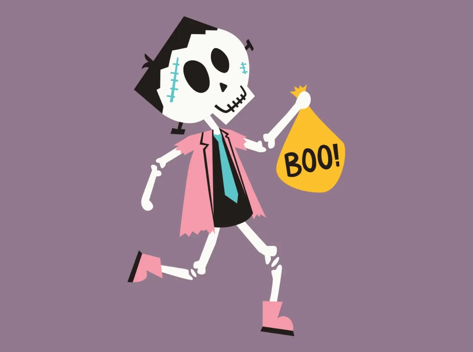 illustration of a skeleton frankenstein holding a bag that says "boo!"