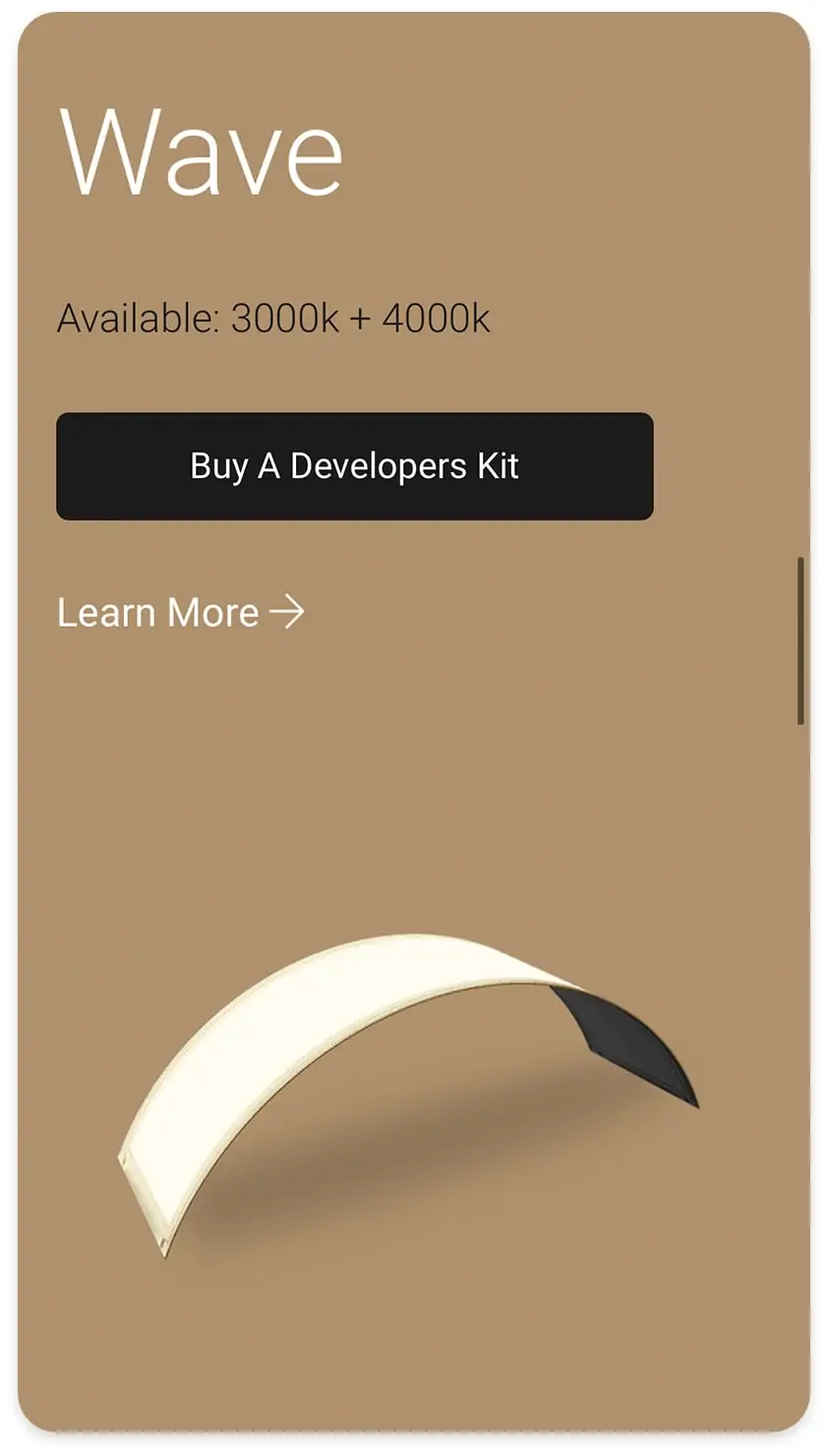 mobile shot of oledworks website with text that reads "Wave. Available: 3000k + 4000k" and a button that says "buy a developer kit"