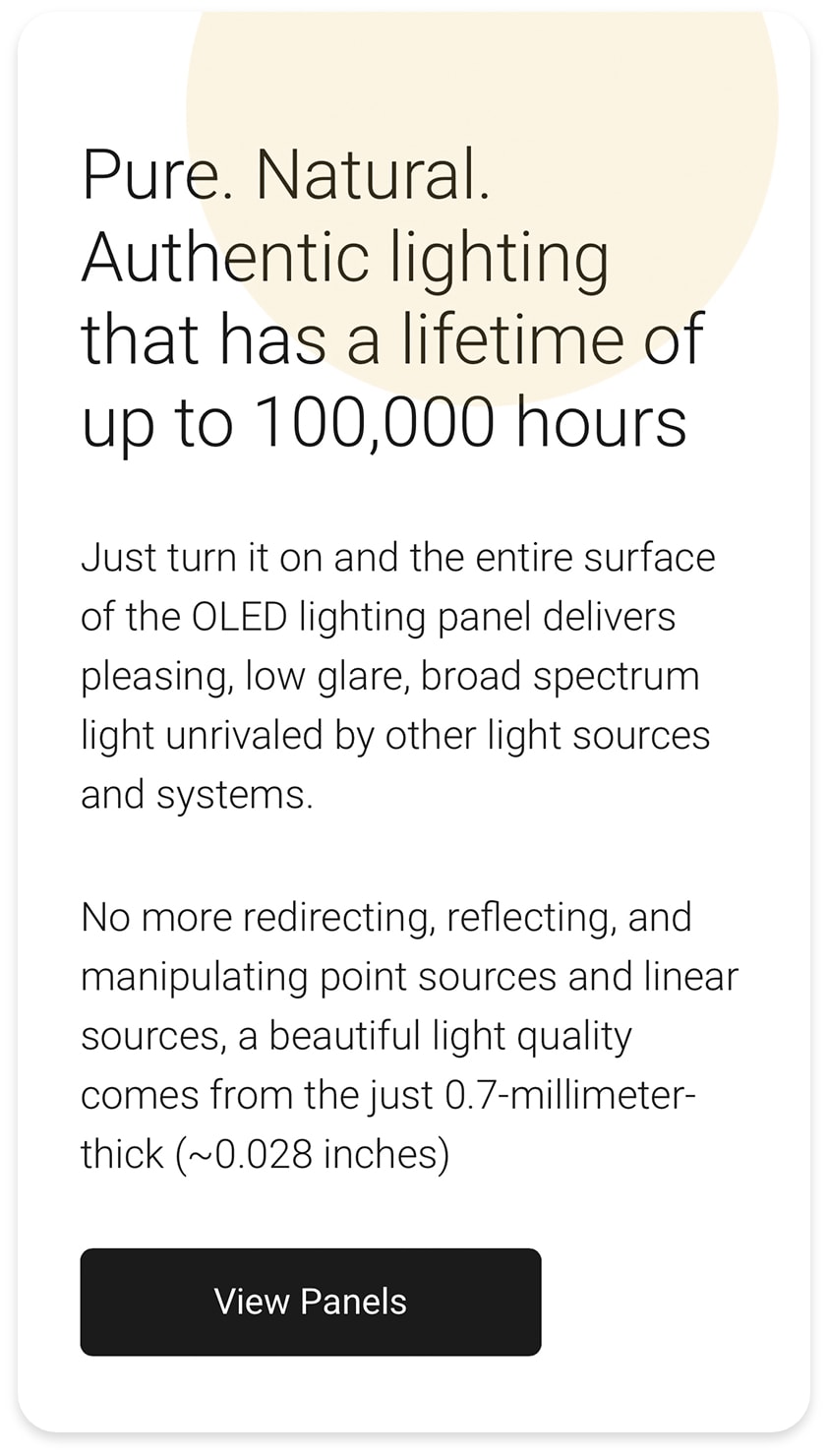mobile shot of oledworks website with a headline and subtext about oled lighting.