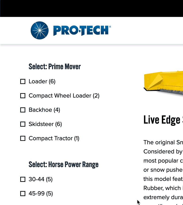 gif of pro-tech website. cursor click on different checkbox selection options