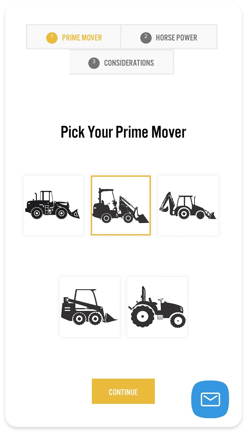 shot of the pro-tech website showing different icons to select a product type and text that reads "pick your prime mover" and there is a button that reads "continue"