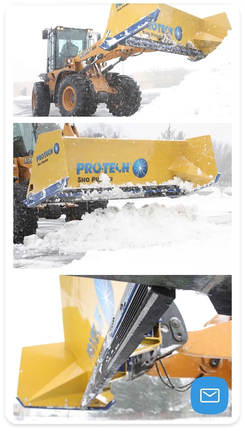 A yellow pro-tech snow pusher plowing snow 
