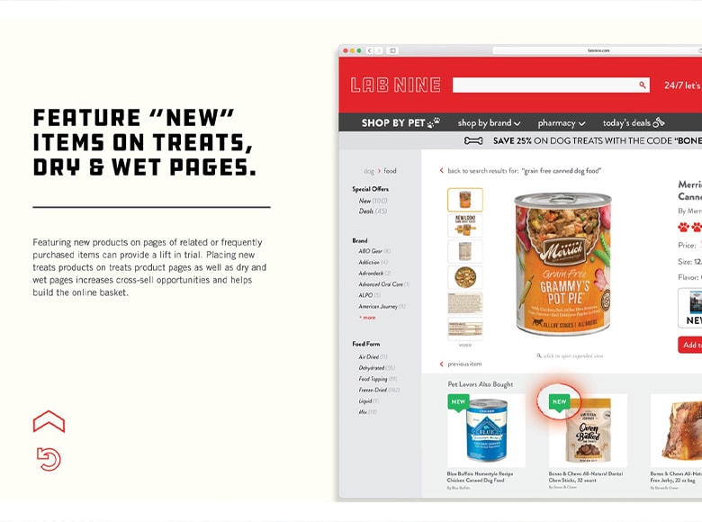 image of purina touchscreen "feature 'new' items on treats, dry & wet page" with a shot of their website 