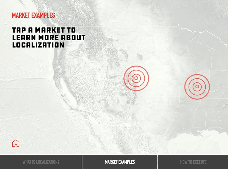image from a Purina touch screen "Tap a market to learn more about localization"