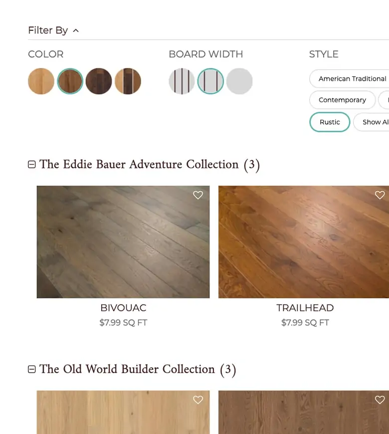 image from Revel Woods website, mobile version with filter options and images of wood floors