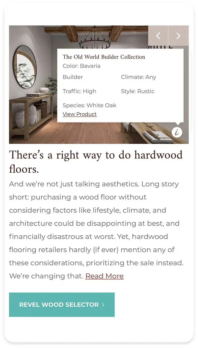 image from the mobile revel woods website that has an image with a text box over it and a headline that reads "there's a right way to do hardwood floors" and a button that reads "revel wood selector"