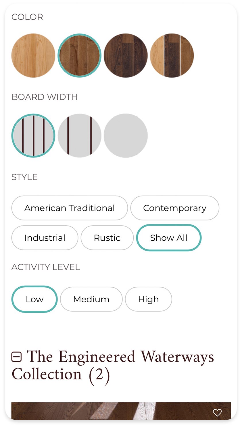 shot of the mobile revel woods website showing filter options such as "color", "board width" and "style"