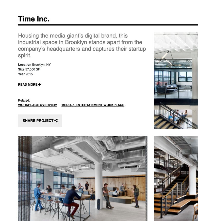 shot of tpg architecture website with a headline and some subtext and details along with different images and a "share project" button