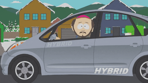 gif from south park show with a man in a silver hybrid car