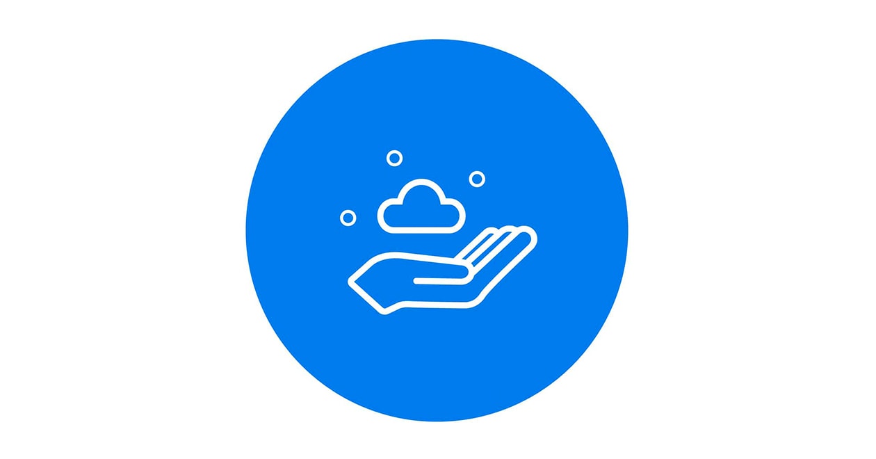 thin line hand icon holding a cloud with blue circle background