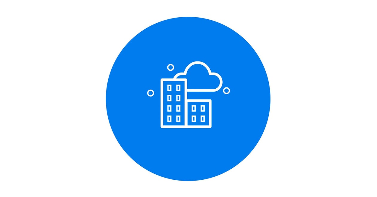 thin line icon of two buildings with a cloud and blue background