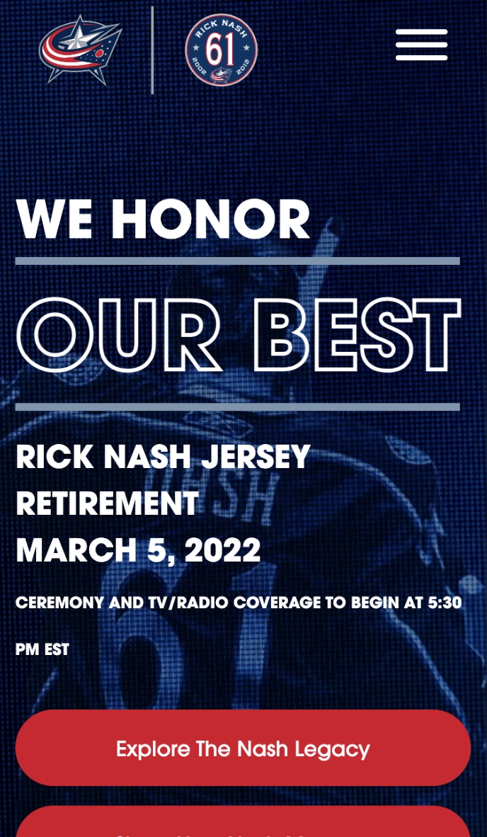 Mobile mock up of CBJ site honoring Rick Nash's retirement 