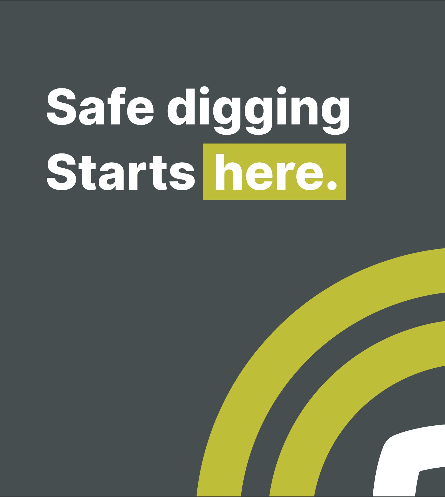 Image from UDig NY website "Safe digging starts here" with grey background, font is in white but "here" has a greenish background to stand out