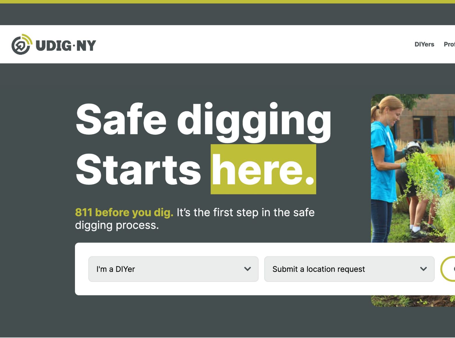 Shot from UDig NY website "Safe digging starts here" with two drop down selector forms below it