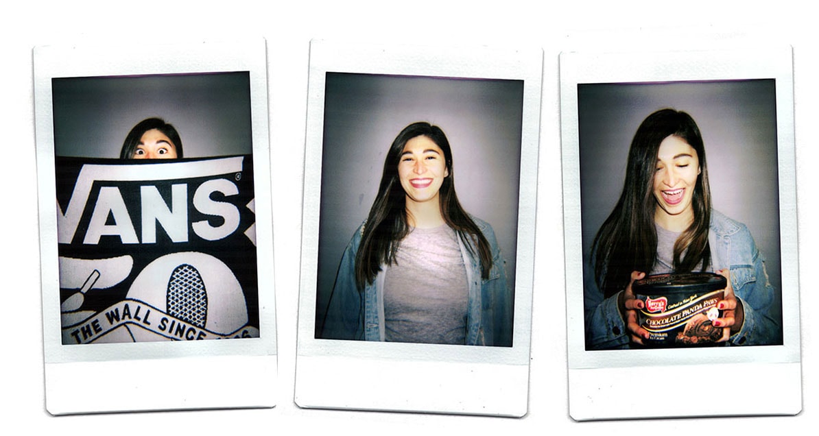 polaroid images of Ashley, brown haired woman smiling 