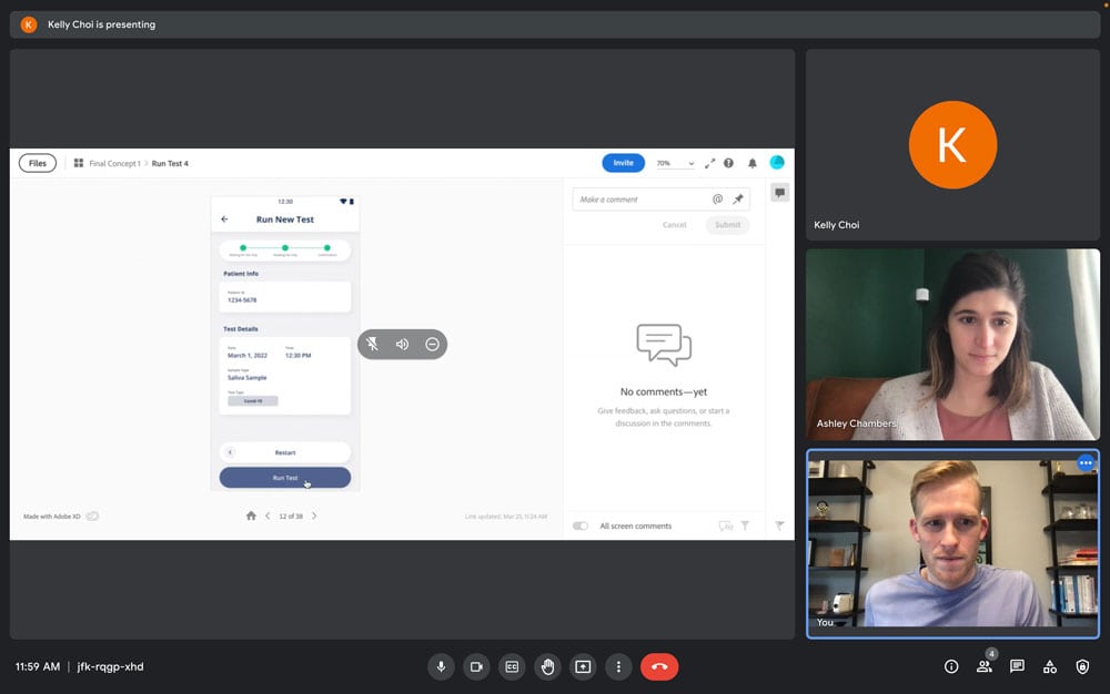Screenshot image of a google meet session with 3 people and one is presenting their screen