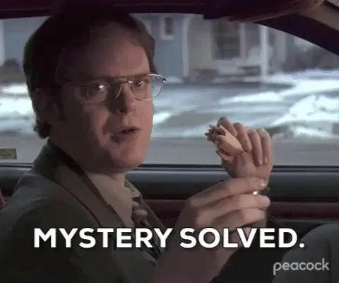 gif of Dwight from "The Office," sitting in car, text: "mystery solved"