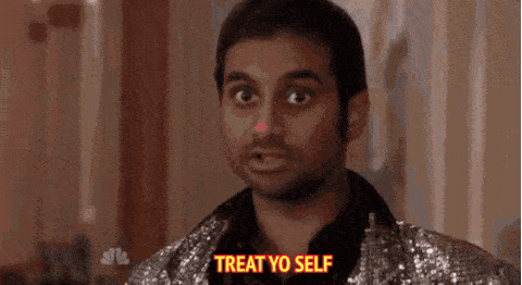 Gif of Tom Haverford from "Parks and Rec," young Indian man saying: "treat yourself"