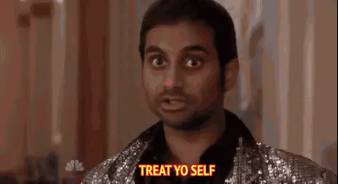 Gif of Tom Haverford from "Parks and Rec," young Indian man saying: "treat yourself"