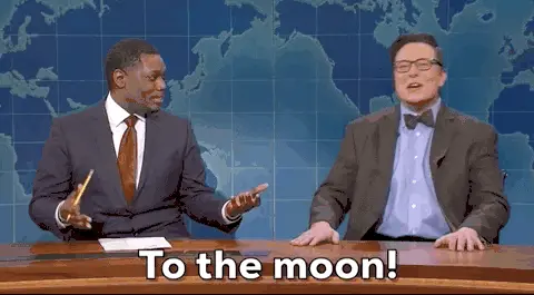 Gif of SNL skit Weekend update. Cast member sitting next to Elon Musk. Gif copy says "To the moon!"