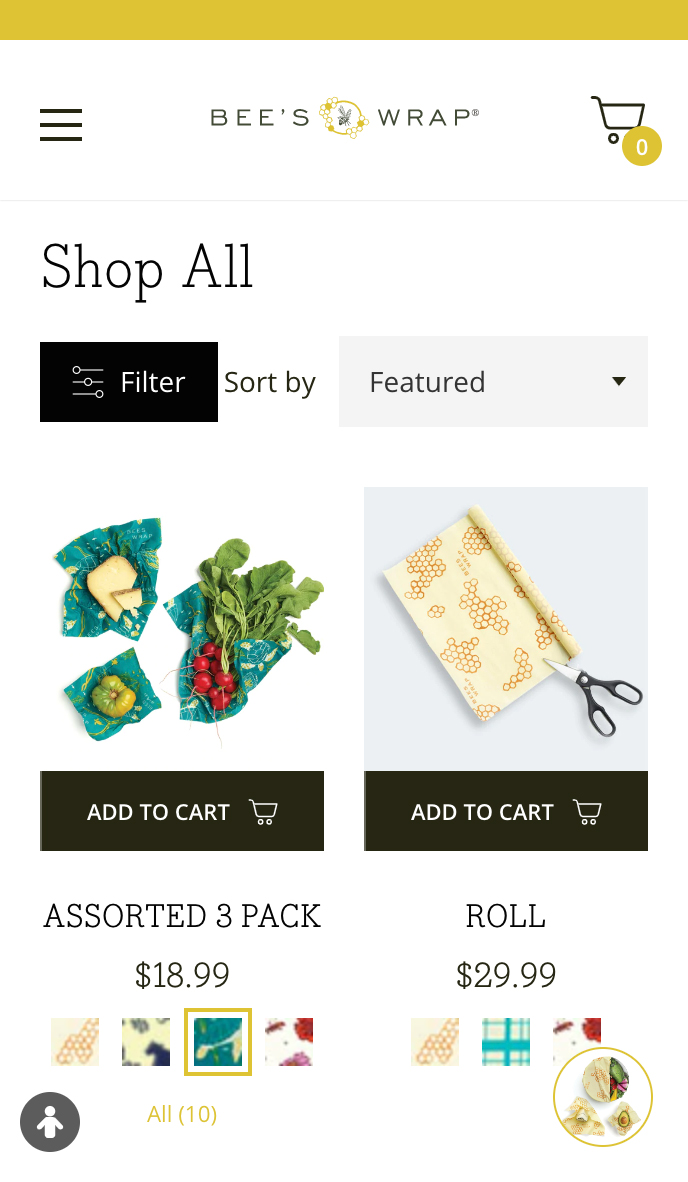 Shot of Bee's Wrap website mobile version with hamburger style menu and product images with descriptions below them