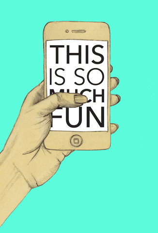 illustration of hand holding phone, text: "this is so much fun"